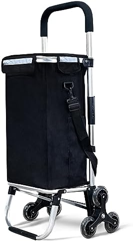 VOUNOT Carrito Compra Plegable de Aluminio, Carro de la Compra 6 Ruedas con Bolsa Impermeable Desmontable, 50L, Negro